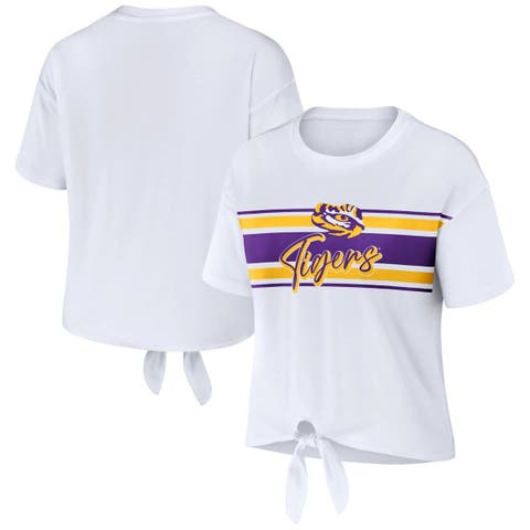 Women's WEAR by Erin Andrews White LSU Tigers Striped Front Knot Cropped T-Shirt