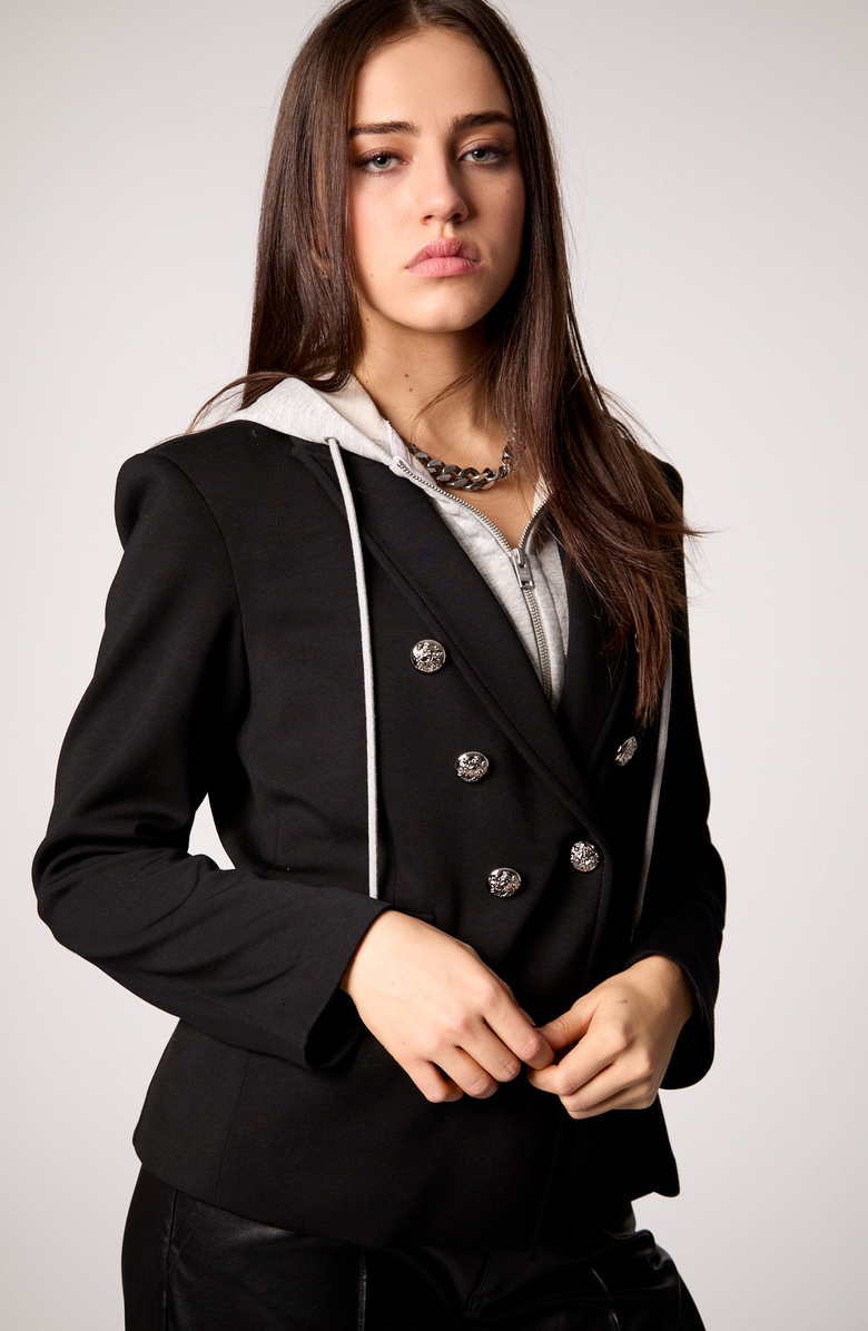 BLUE REVIVAL Helen Double-Breasted Blazer with Removable Hoodie Insert, Alternate, color, Black