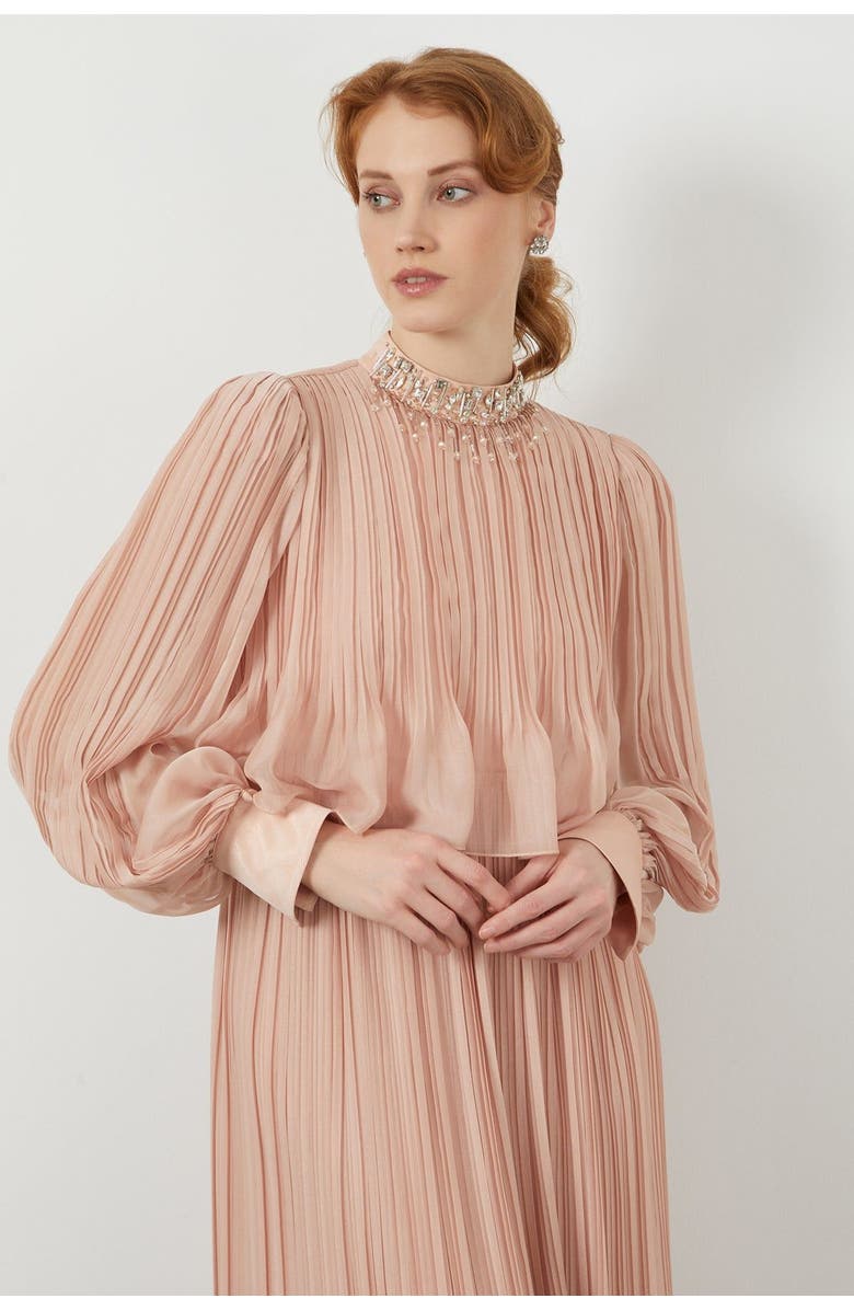 Gizia Embroidered Collar Pleated Maxi Purple Dress, Main, color, Pink