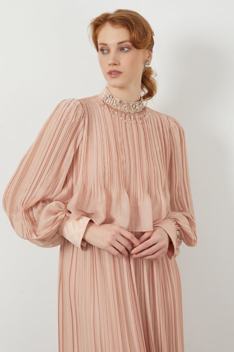 Embroidered Collar Pleated Maxi Purple Dress