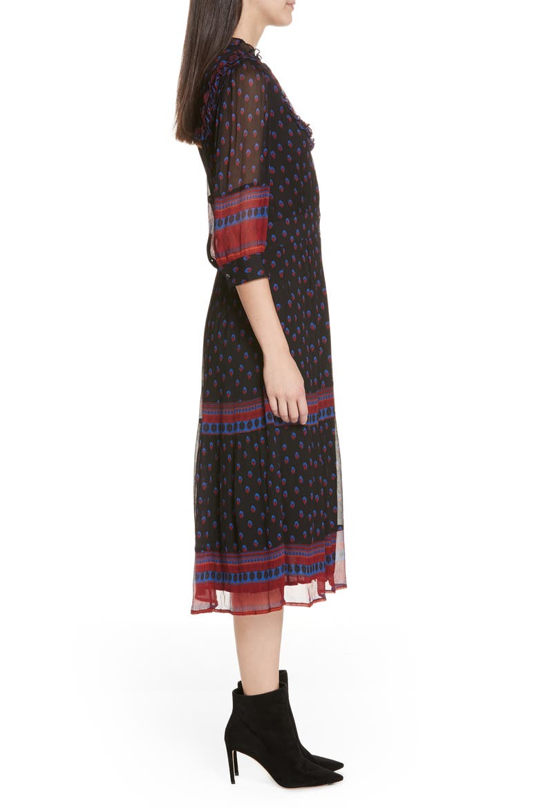 Barie Ruffle Print Midi Dress, Alternate, color, BLACK
