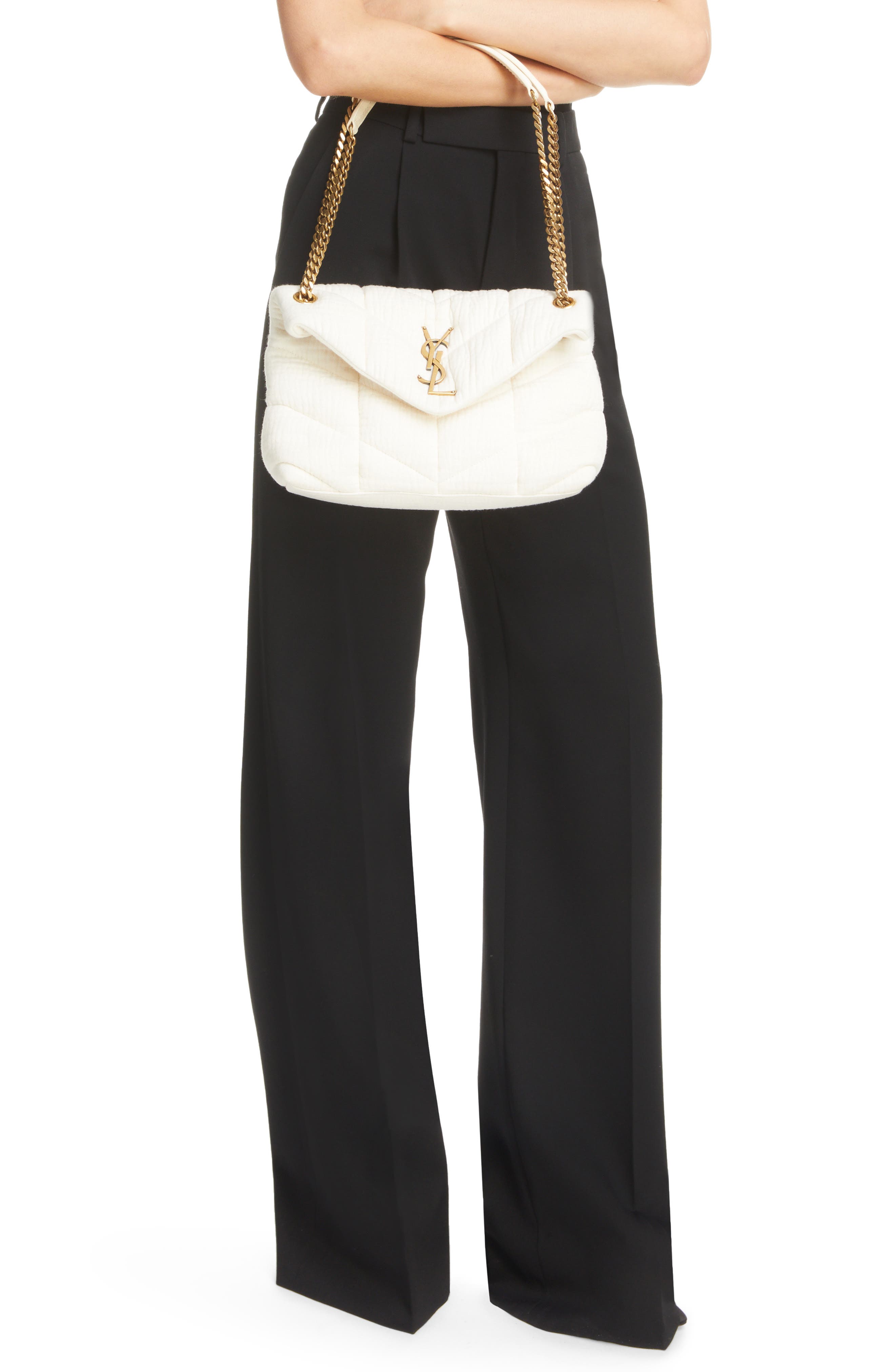 Saint Laurent Small Loulou Puffer Cotton Twill Shoulder Bag, Alternate, color, Vanilla Ice