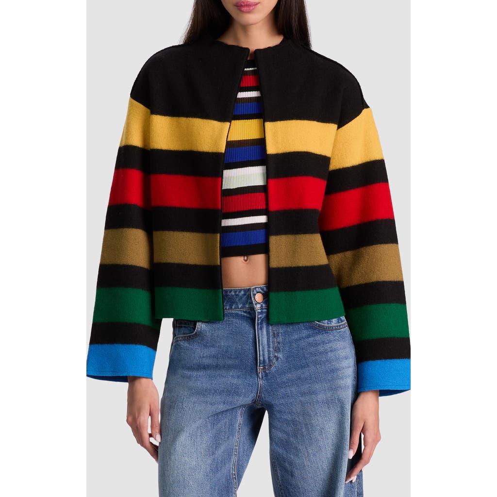 Alice And Olivia Striped Collared Sweater Jacket In Black
