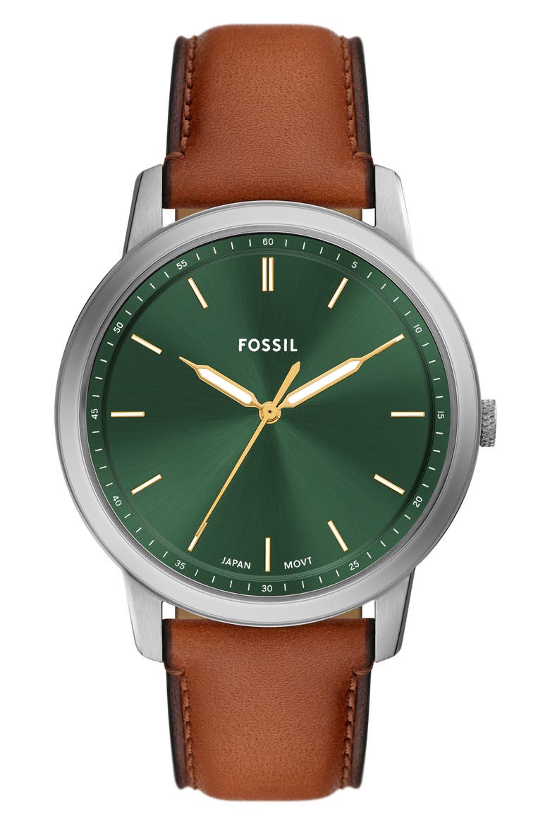 Minimalist Leather Strap Watch, 44mm, Main, color, BROWN / SILVER
