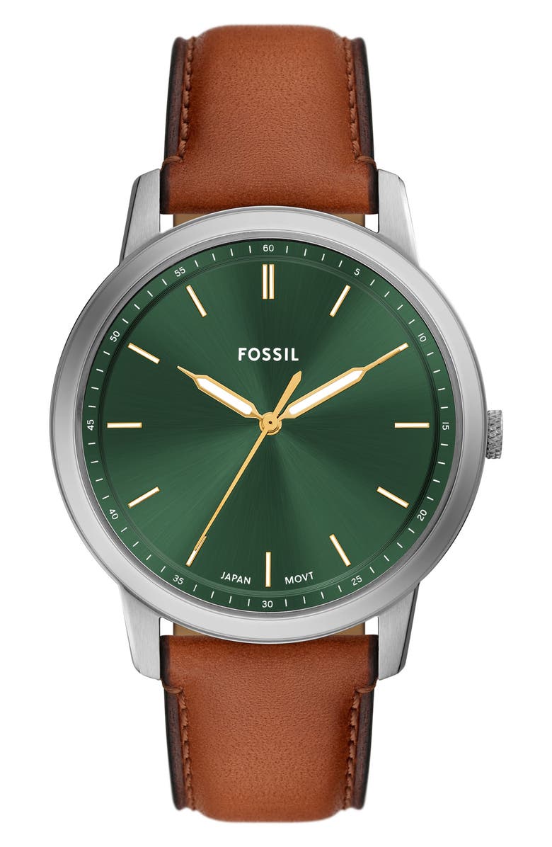 Fossil Minimalist Leather Strap Watch, 44mm, Main, color, Brown / Silver