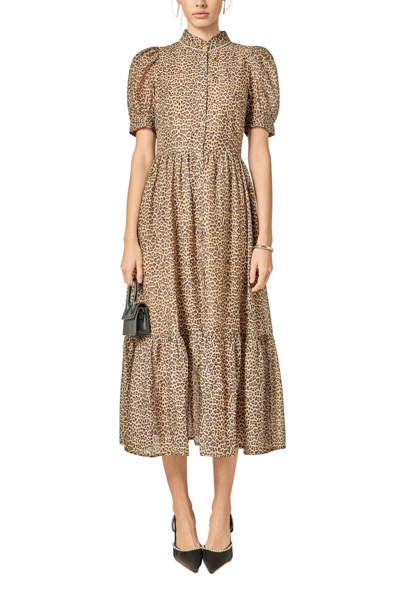 Leopard Print Organza Midi Dress, Main, color, LEOPARD