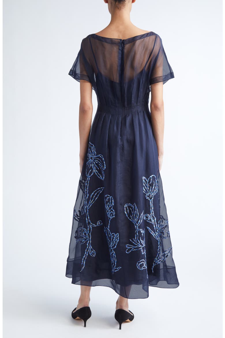 Ikat Floral Embroidered Silk Organza Dress, Alternate, color, NAVY/ BLUE