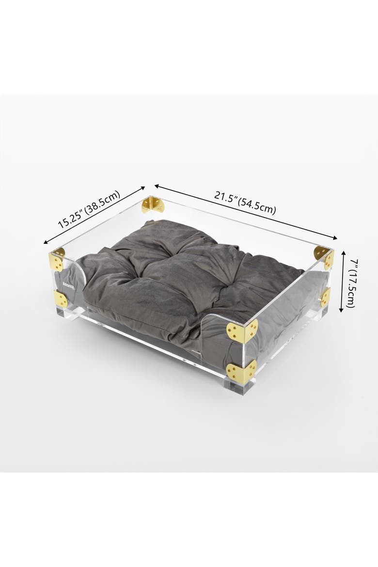 Haines 21.5" x 15.25" Small/Medium Modern Lucite Velvet Pet Bed with Washable Cushion, Alternate, color, Dark Gray/Clear/Brass Gold