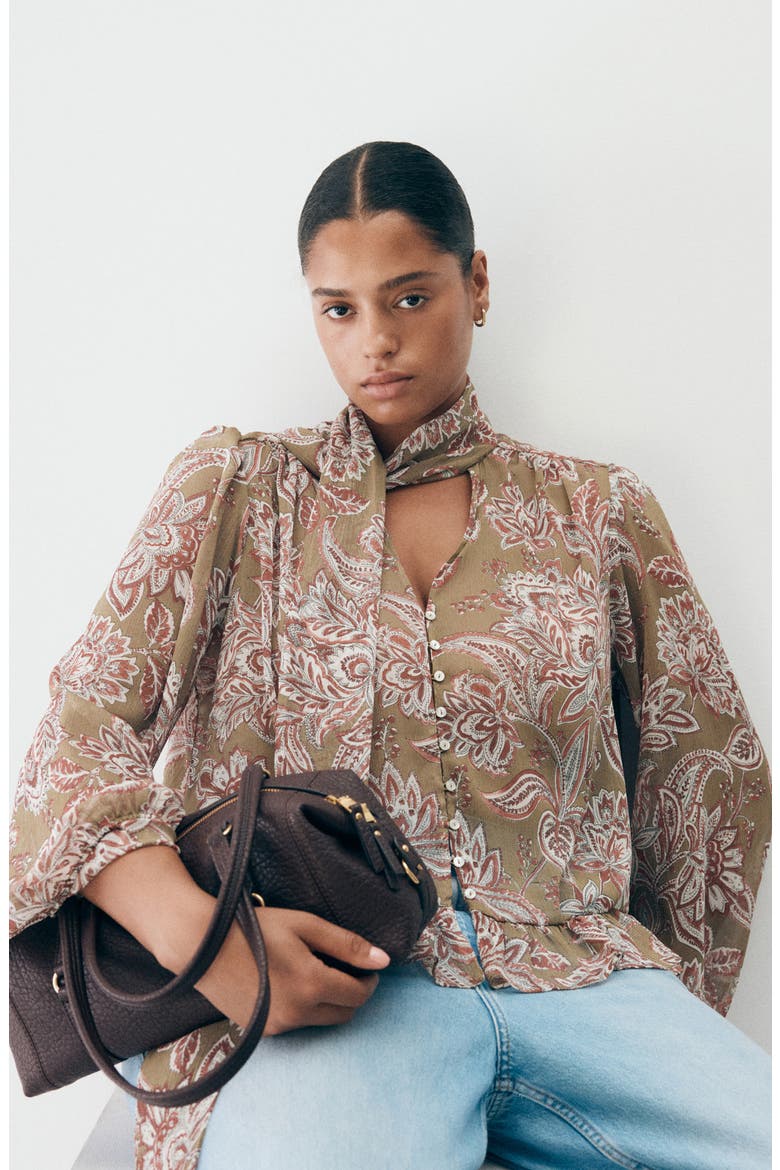 Floral Print Tie Neck Top, Alternate, color, GREEN