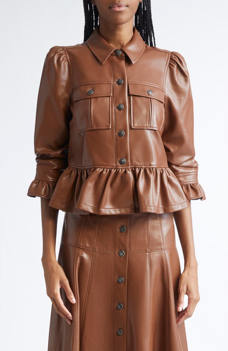 Cinq à Sept Delanie Faux Leather Peplum Jacket, Main, color, Dark Sepia