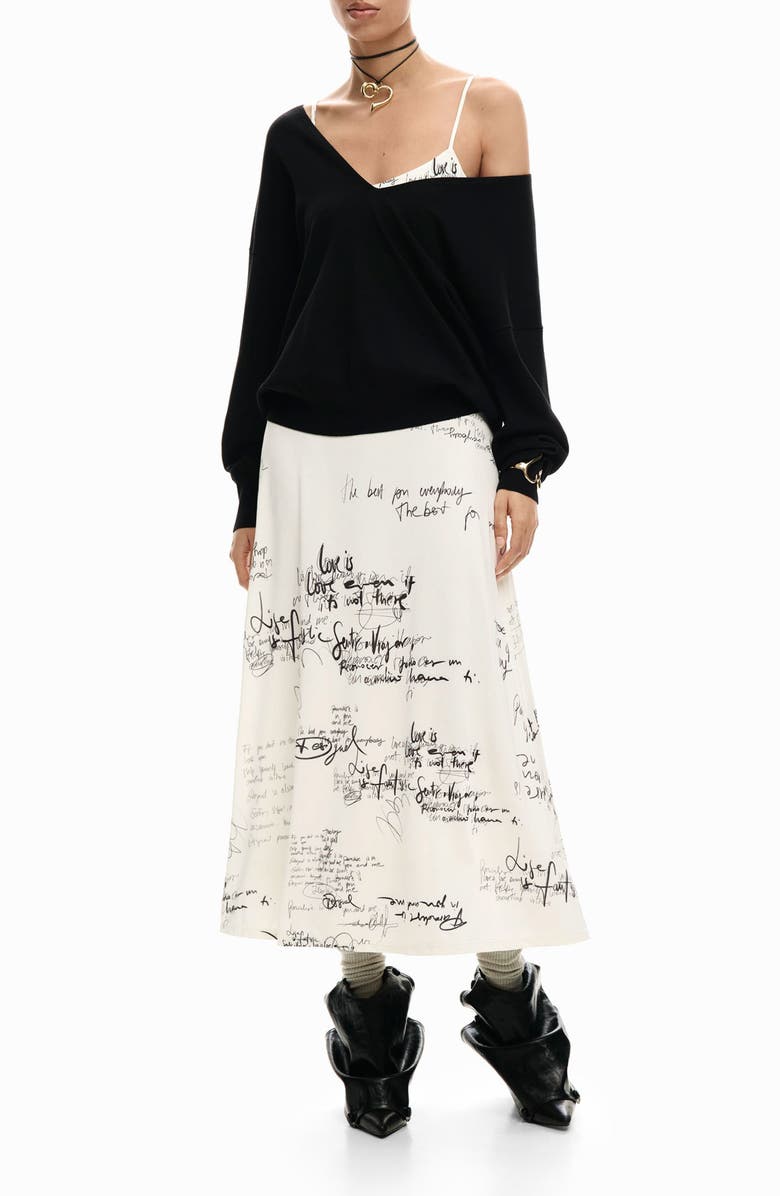 Desigual Printed Slipdress & One-Shoulder Sweater Set, Main, color, Light Beige