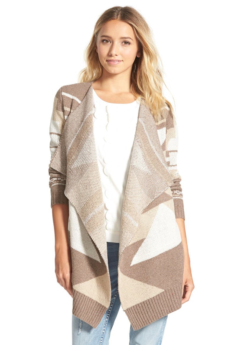 Woven Heart Geo Pattern Open Cardigan, Main, color, BEIGE