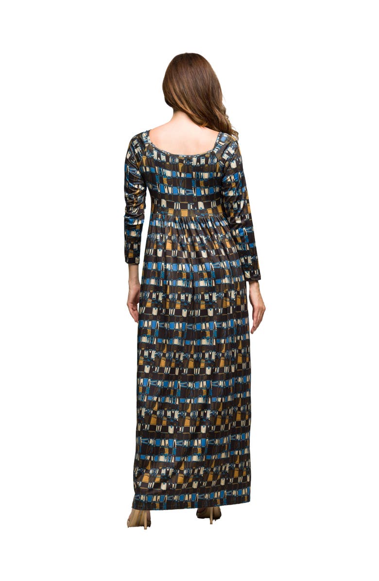 24seven Comfort Apparel Geometric Print Long Sleeve Empire Waist Maxi Dress, Alternate, color, Brown Multi