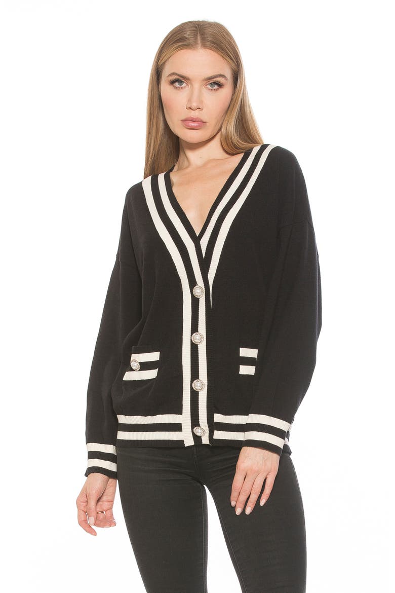 Frances Stripe Trim Cardigan, Alternate, color, BLACK