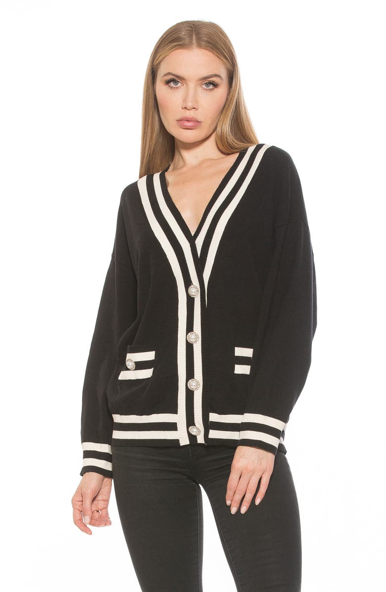 Alexia Admor Frances Stripe Trim Cardigan, Alternate, color, Black