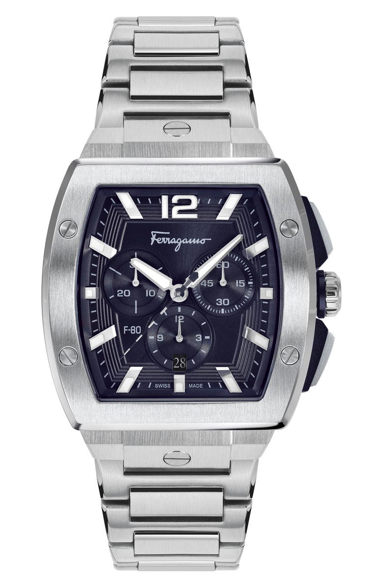 FERRAGAMO Tonneau Chronograph Bracelet Watch, 41.8mm, Main, color, Silver