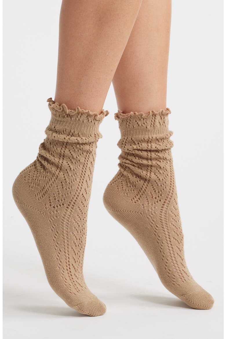 Pointelle Lettuce Edge Crew Socks, Main, color, BROWN
