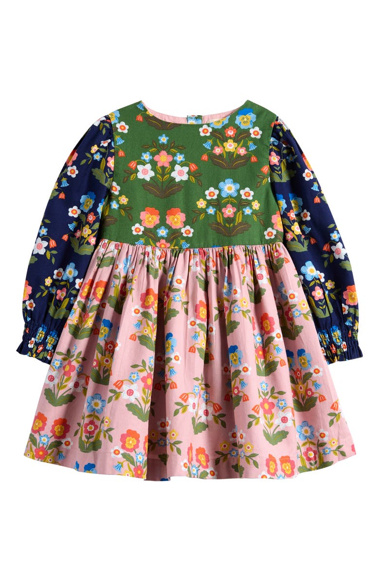 Mini Boden Kids' Colorblock Floral Long Sleeve Cotton Dress, Main, color, Hotchpotch Pansy Bed