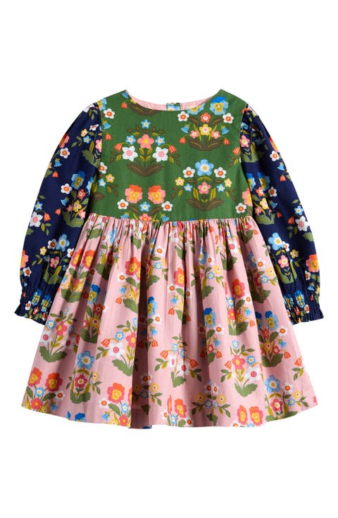 Kids' Colorblock Floral Long Sleeve Cotton Dress (Toddler, Little Kid & Big Kid)