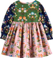 Mini Boden Kids' Colorblock Floral Long Sleeve Cotton Dress