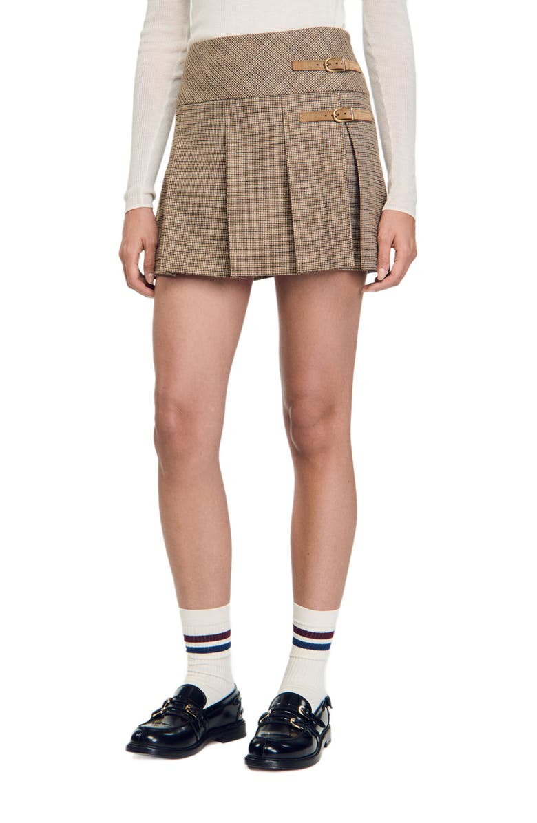SANDRO Pleated micro houndstooth skirt, Main, color, 