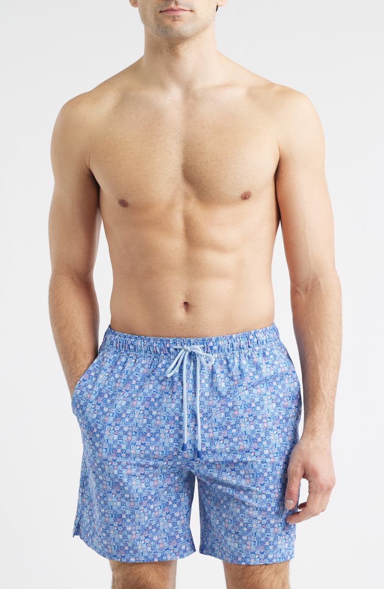 Peter Millar Santorini Tiles Swim Trunks, Main, color, Cottage Blue