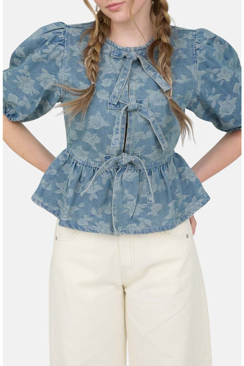 Puff Sleeve Tie Front Top, Main, color, DENIM
