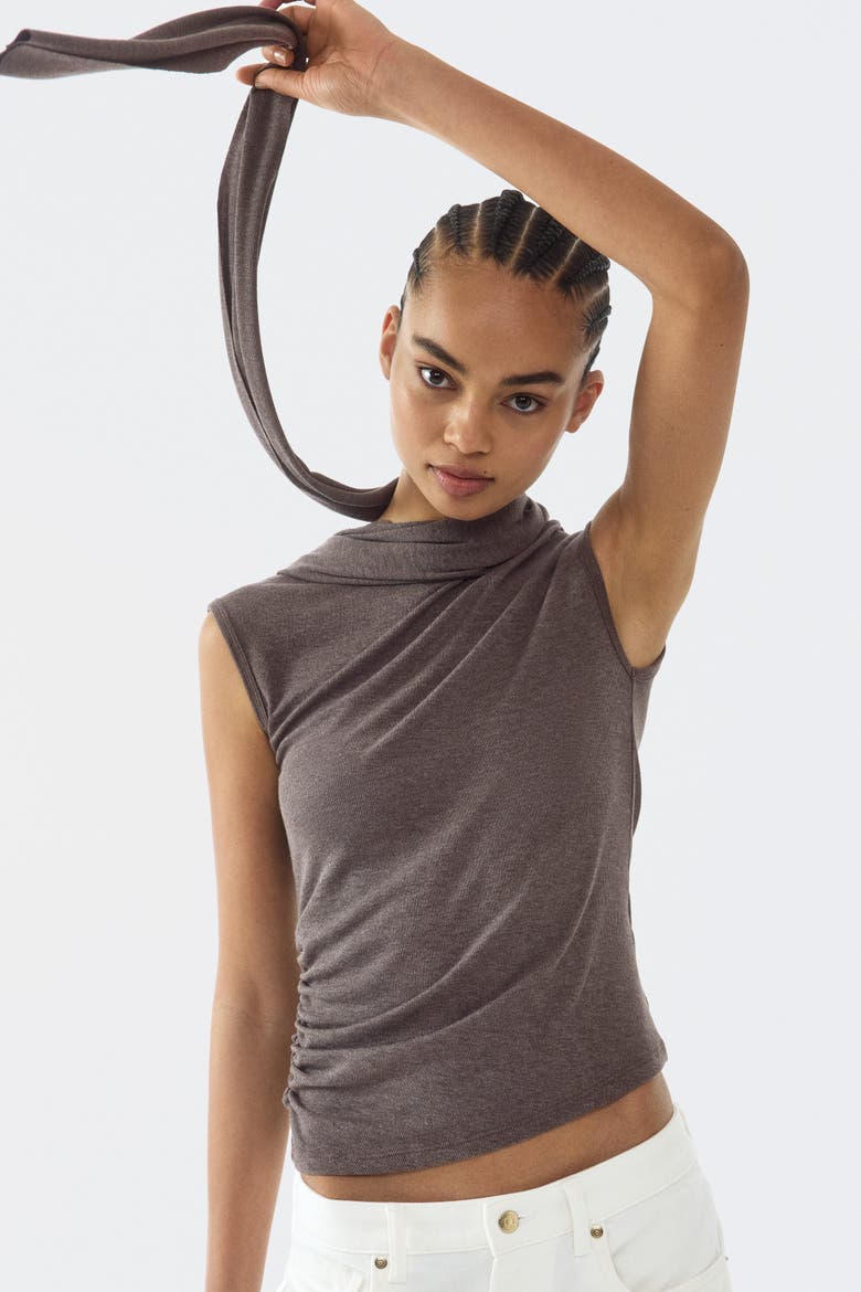 Top With Scarf Collar, Alternate, color, Dark brown melange