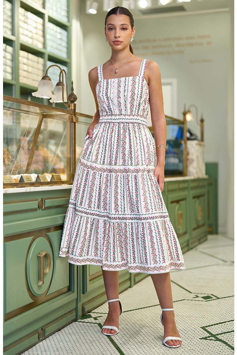 Botanical Stripe Lace Trim Midi Dress, Alternate, color, White