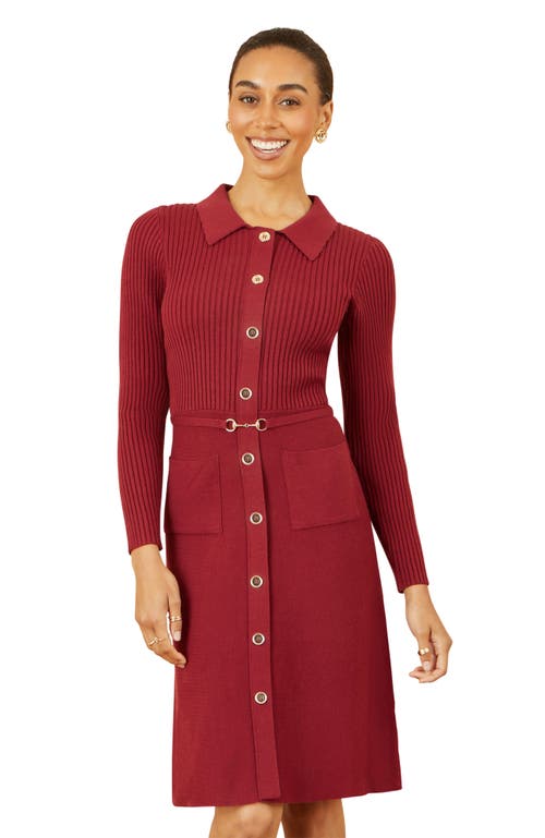 Yumi Belted Rib Knit Midi Dress With Pockets In Burgundy