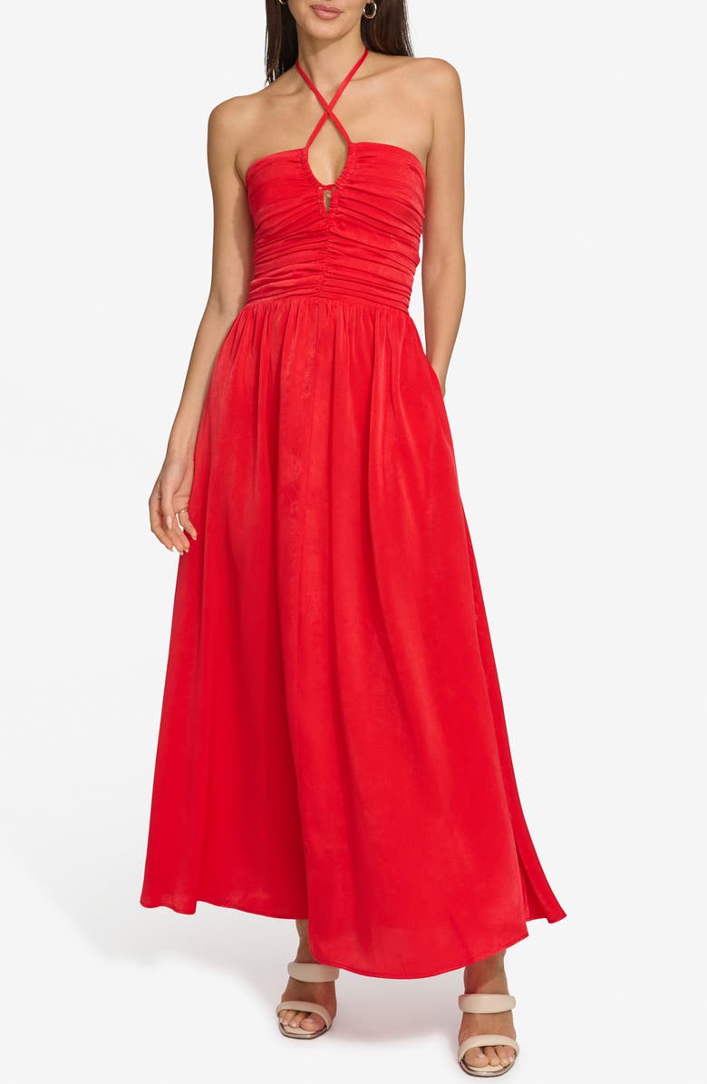 DKNY Ruched Halter Satin Maxi Dress, Main, color, Flame