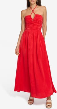 DKNY Ruched Halter Satin Maxi Dress