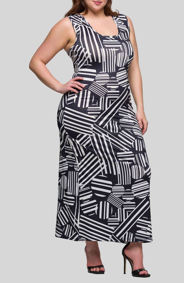 24seven Comfort Apparel Mixed Geo Print Knit Maxi Dress, Alternate, color, Black Multi