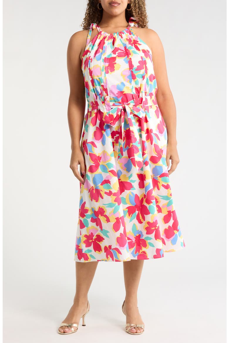 Yani Luvi Belted Floral Sleeveless Midi Dress, Main, color, FUCHSIA-MULTI