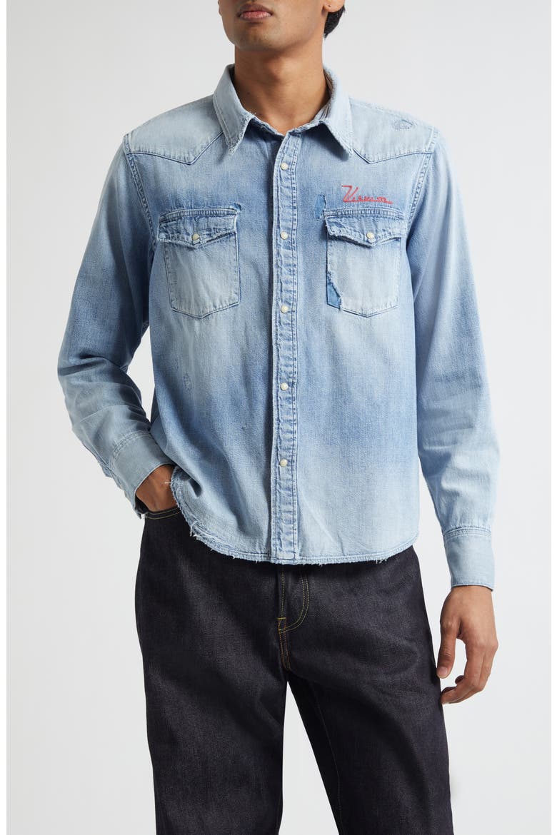Social Sculpture Distressed Denim Shirt, Main, color, CRASH