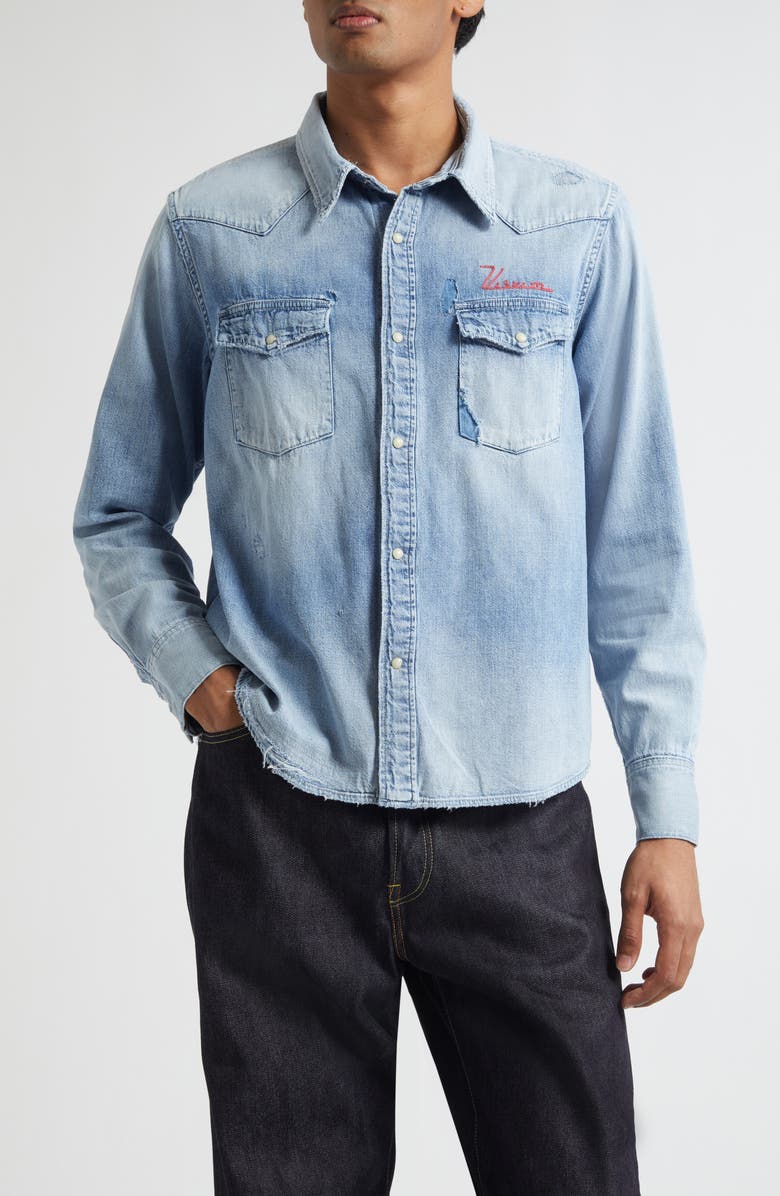 VISVIM Social Sculpture Distressed Denim Shirt, Main, color, Crash