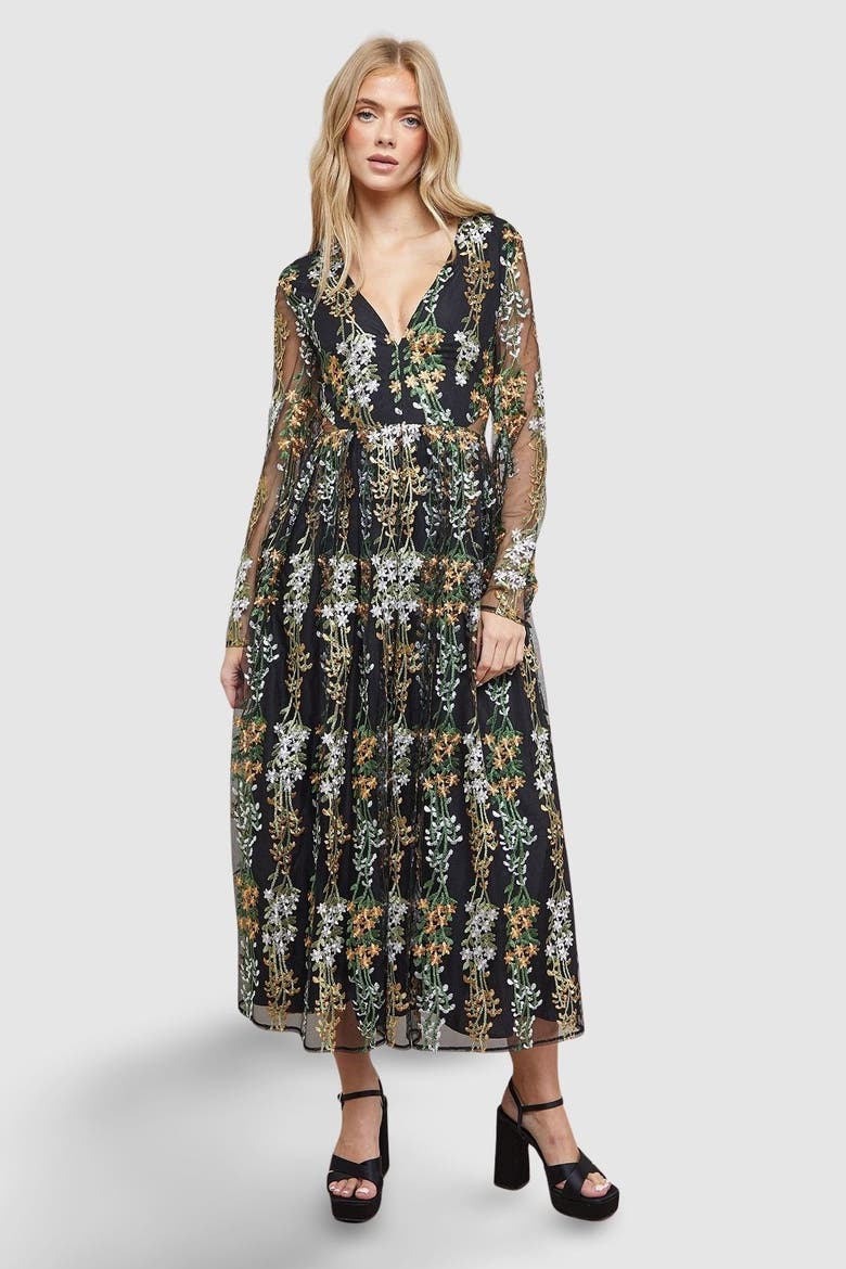 Open Back Long Sleeve Midi Dress, Main, color, Multi