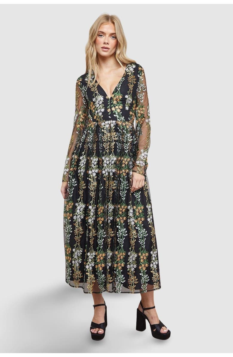 Oasis Open Back Long Sleeve Midi Dress, Main, color, Multi