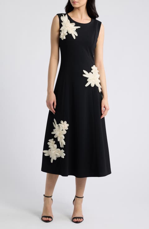Floral Appliqué A-Line Midi Dress
