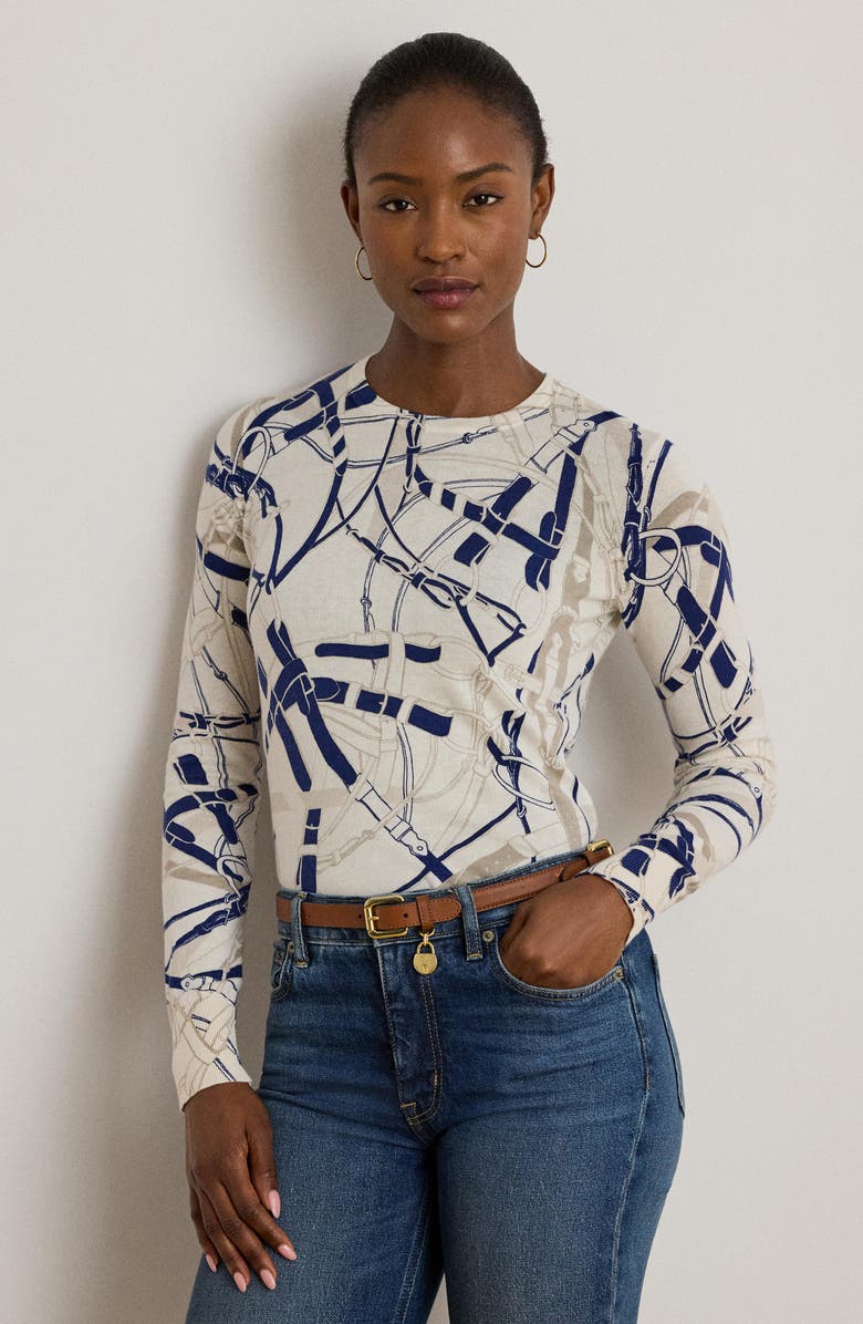 Lauren Ralph Lauren Belting Print Cotton Blend Sweater, Alternate, color, Cream/ Navy Multi