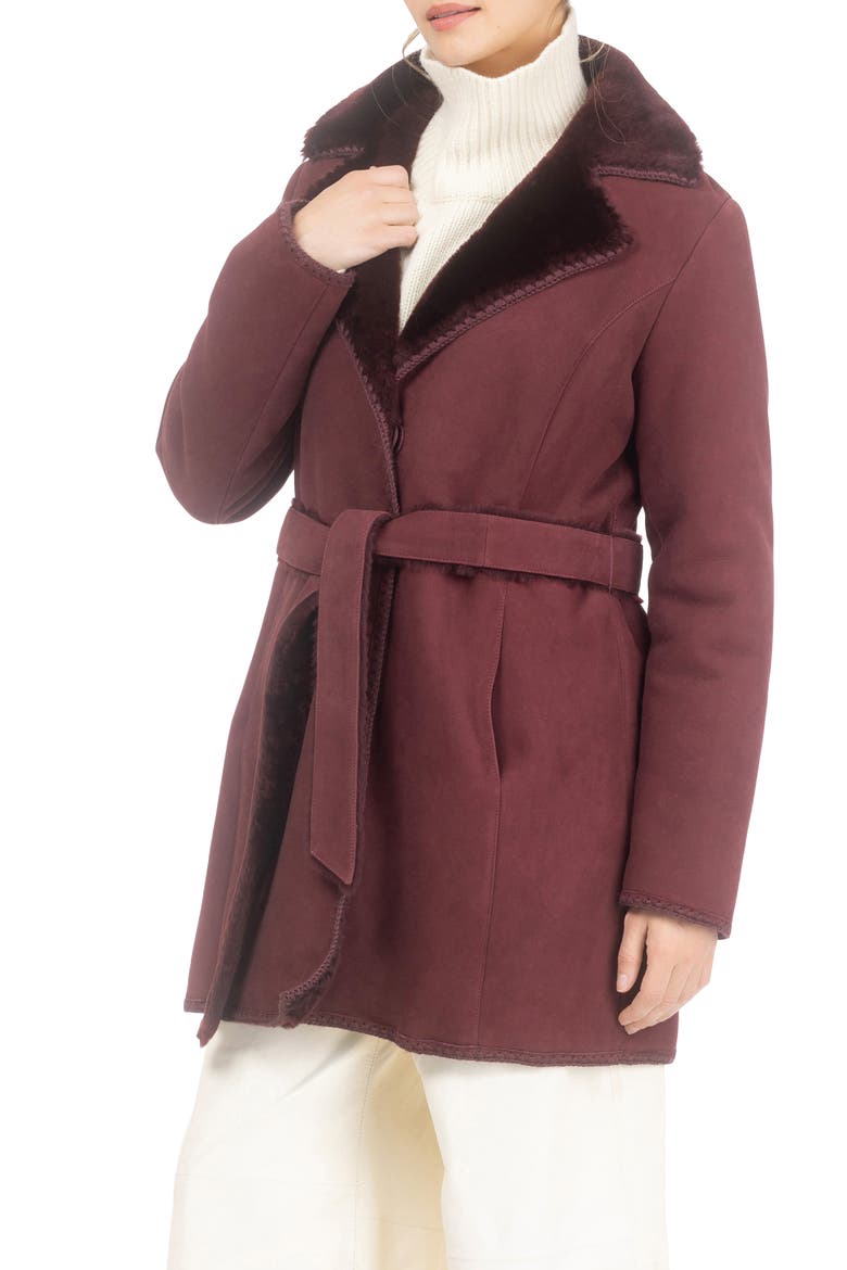 Genuine Shearling Stroller with Embroidered Trim & Belt, Alternate, color, BURGUNDY