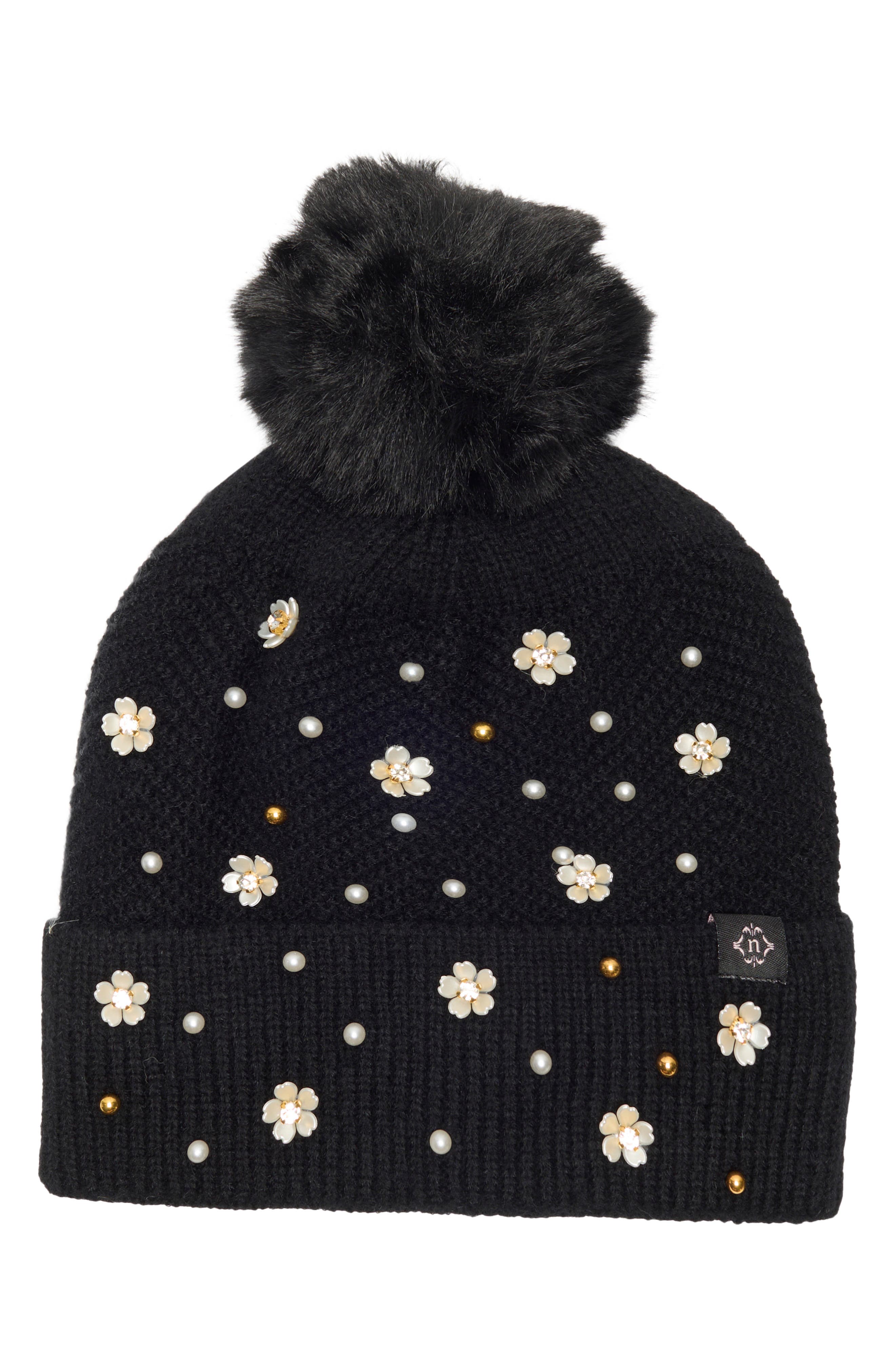 Nanette Lepore Scattered Embellished Faux Fur Pompom Beanie
