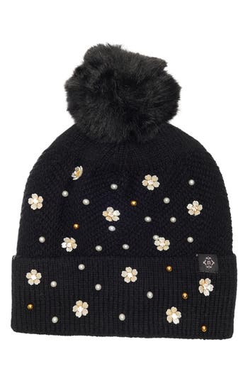 Nanette Lepore Scattered Embellished Faux Fur Pompom Beanie In Black