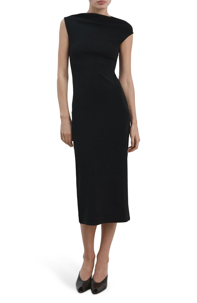 MANGO Asymmetric Midi Sheath Dress, Main, color, Black