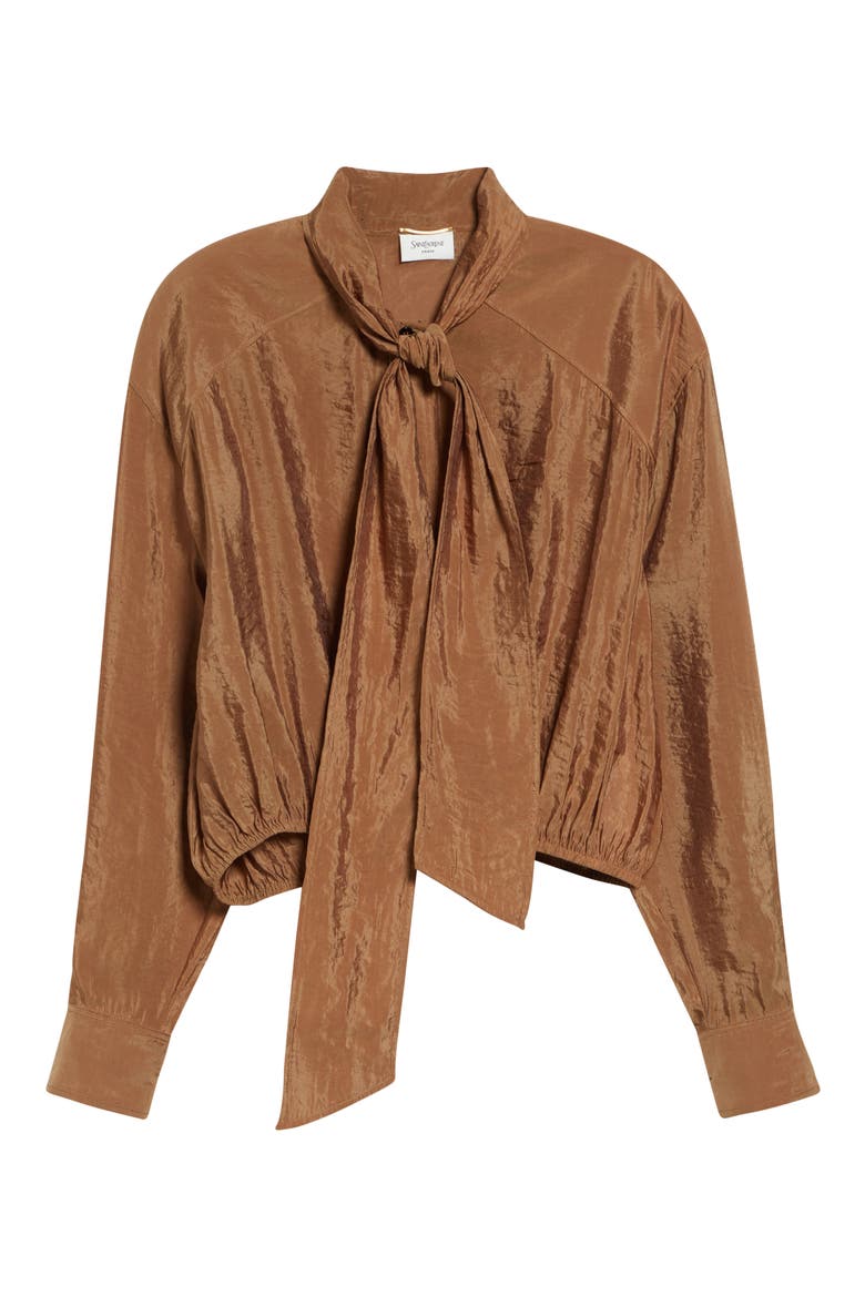 Gathered Taffeta Tie Neck Top, Alternate, color, CARAMEL