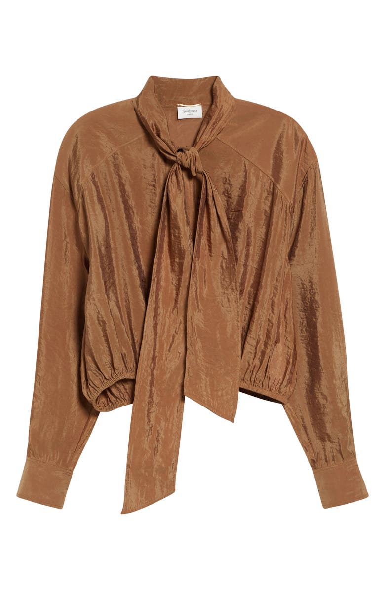 Saint Laurent Gathered Taffeta Tie Neck Top, Main, color, Caramel