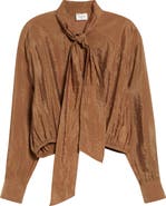 Saint Laurent Gathered Taffeta Tie Neck Top