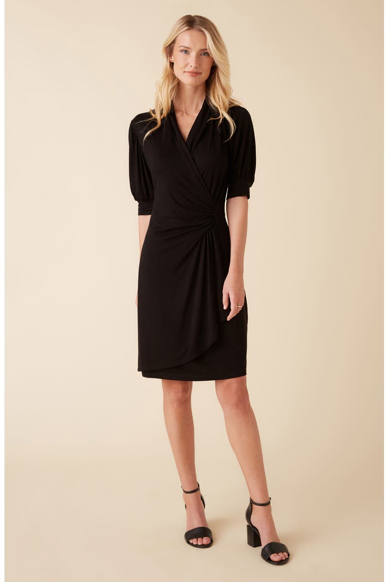 Puff Sleeve Jersey Faux Wrap Dress, Alternate, color, BLACK