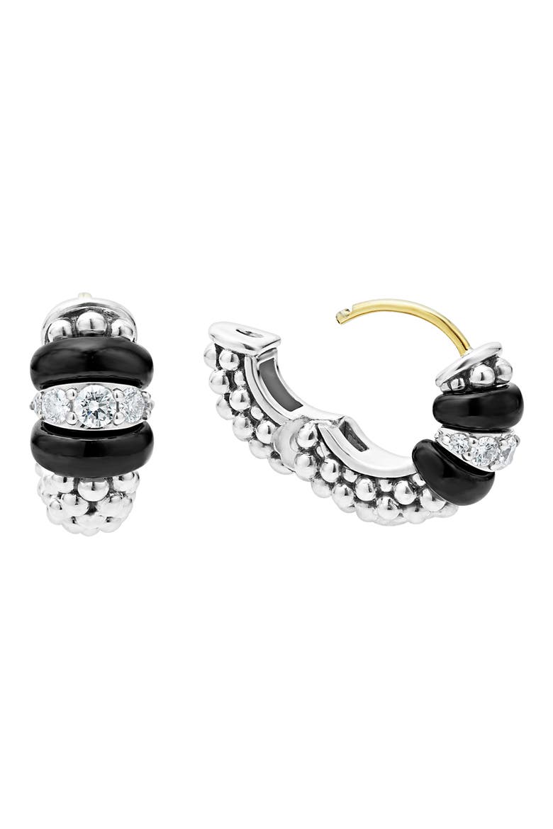 Black Caviar Diamond Huggie Hoop Earrings, Alternate, color, STERLING SILVER