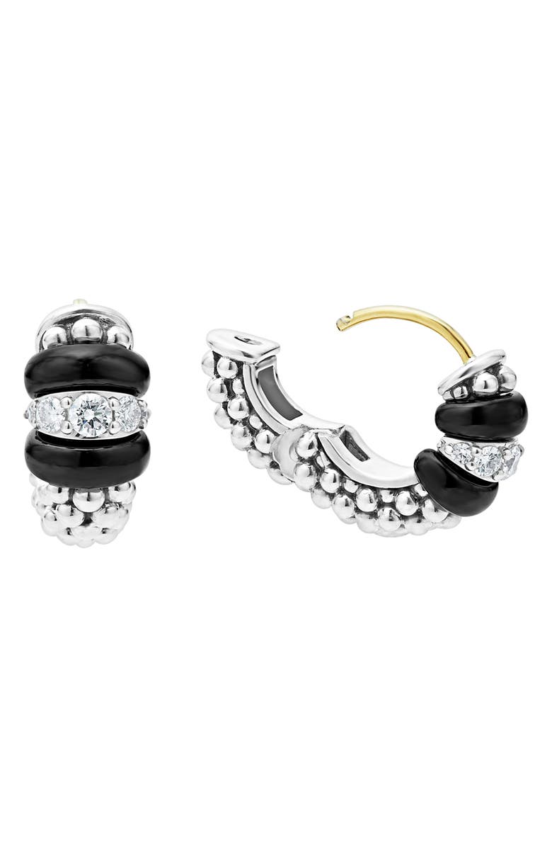 LAGOS Black Caviar Diamond Huggie Hoop Earrings, Alternate, color, Sterling Silver